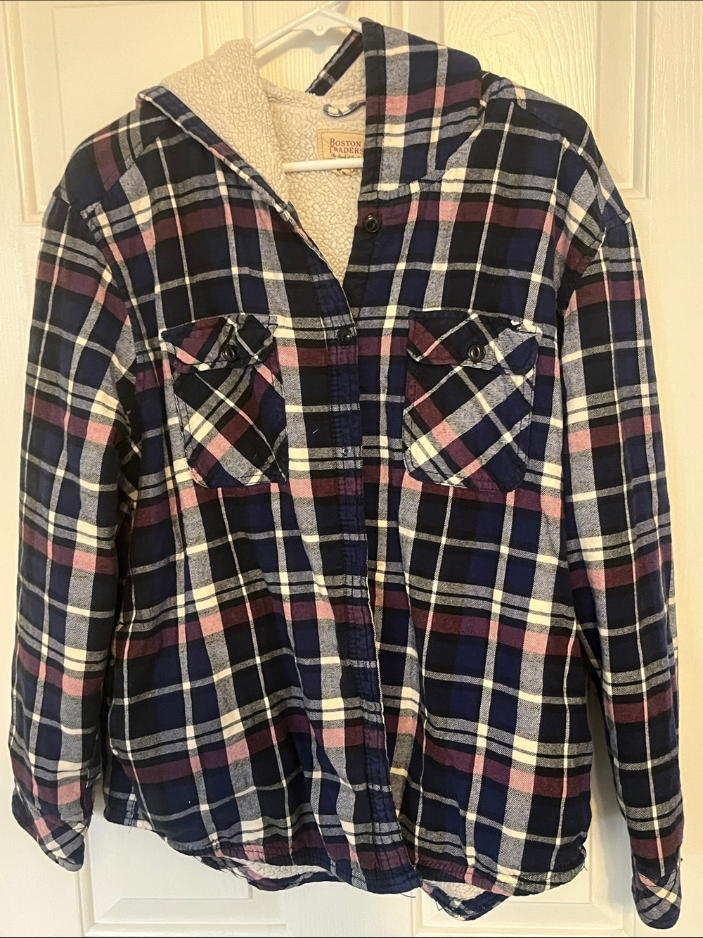 Boston Traders Navy Pink White Plaid Sherpa-Lined Hooded Shirt Jacket